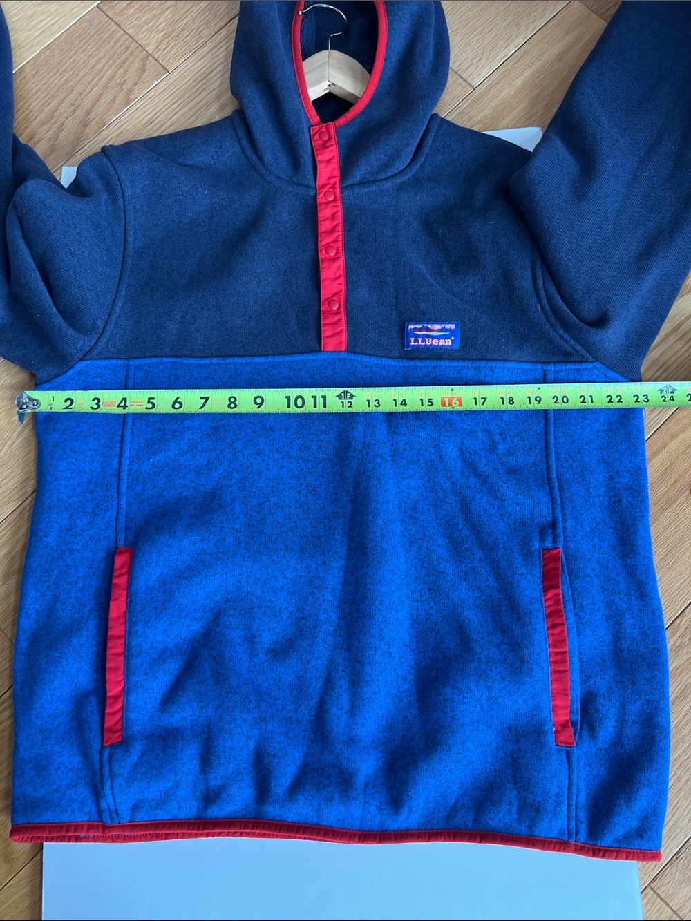 L.L.Bean Navy & Bright Blue Hooded Fleece pullover colorblock with Red Trim - Picture 6 of 7